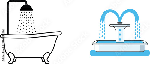 Bathroom Bathtub with Shower and Kitchen Sink with Running Water Flat Vector Illustration Set Isolated on White Background