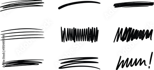 Set of 9 Black Hand Drawn Underline Scribble Lines Vector