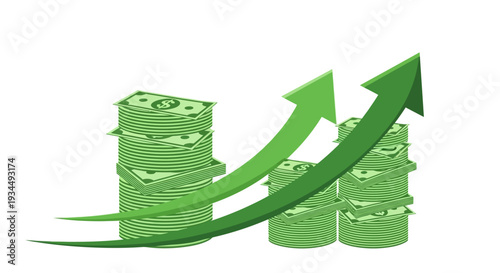 Money Growth Concept: Stacks of Cash with Upward Arrows Showing Financial Increase