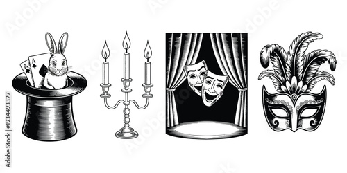 Magic and Theatre Vector Icon Collection, Flat Style Illustrations of Illusions, Stage Drama, and Mask Symbols Ideal for Performing Arts, Event Branding, and Creative Design.