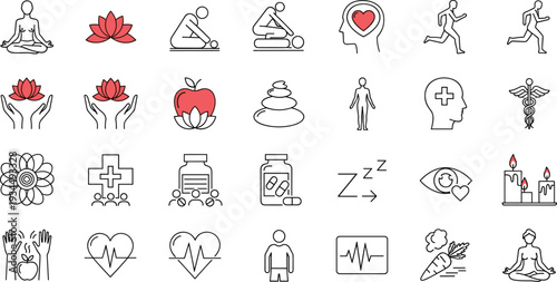 Wellness and Healthy Lifestyle Line Icons Set with Yoga, Meditation, Heart Health, Nutrition, Sleep, Mindfulness and Holistic Care Concepts