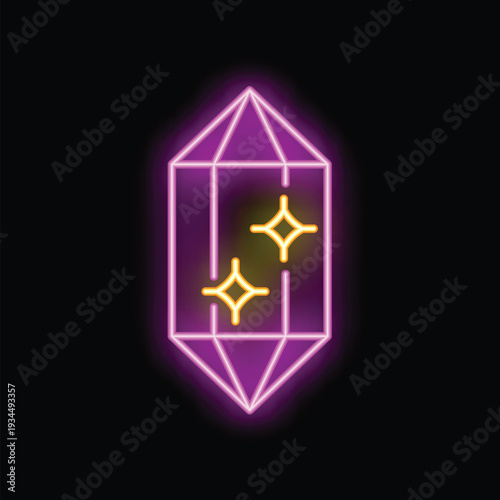 Neon sign of a glowing crystal, a symbol of magic, spirituality and new age practices