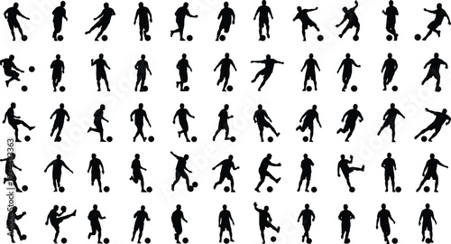 Black soccer player silhouettes set including football athlete action poses kicking running and dribbling for sports competition design and branding
