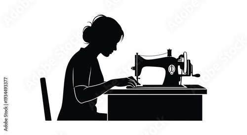 A woman is depicted working at a vintage sewing machine a classic representation of craftsmanship silhouette high quality