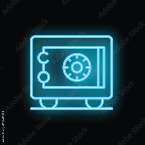 Neon blue safe deposit box icon glowing on black background representing financial security and data protection