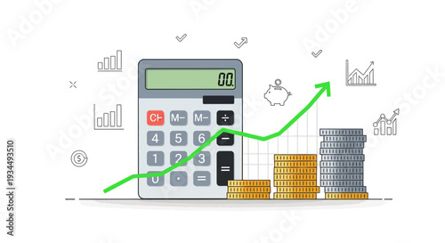 Calculator, Coins, Growing Graph: Financial Growth and Investment Concept