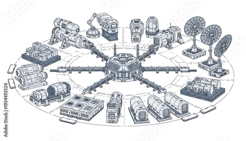 Futuristic Space Station with Various Modules and Satellites.