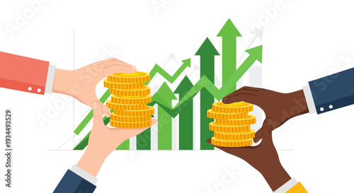 Diverse hands holding stacks of coins with growing financial graph background