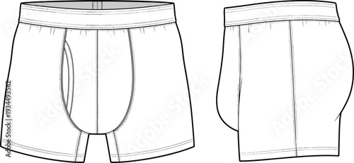 White Men's Boxer Briefs Technical Flat Sketch Featuring Front And Side Views With Elastic Waistband Functional Fly Stitching Details And Comfortable Fit