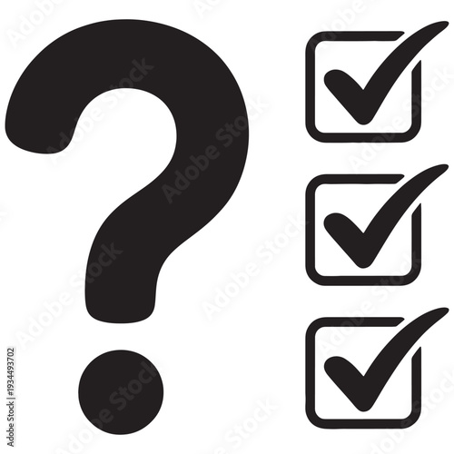 Large question mark and three checked boxes, survey or checklist concept