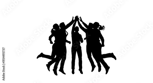 Silhouettes of people jumping together high.
