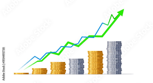 Financial growth chart with rising stacks of coins, symbolizing investment success and profit.
