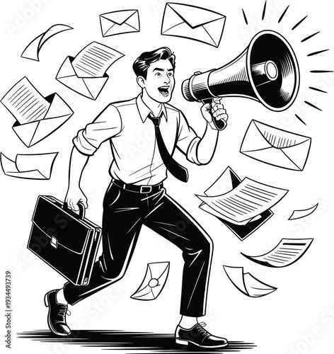Dynamic Businessman Running with Briefcase and Megaphone, Announcing News Amidst Flying Papers