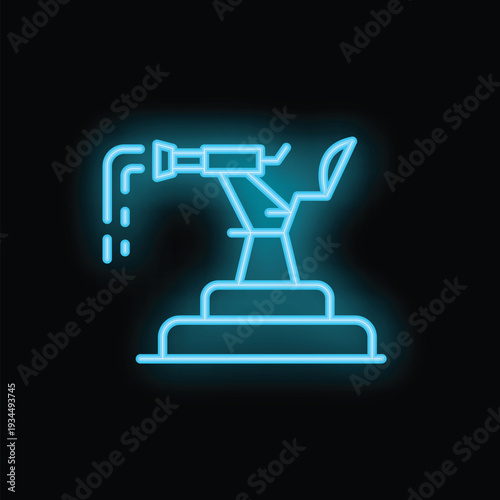 Blue neon icon of an industrial robotic arm pouring liquid metal on a dark background