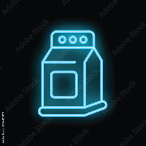 Blue neon icon of a milk or juice carton glowing on dark background