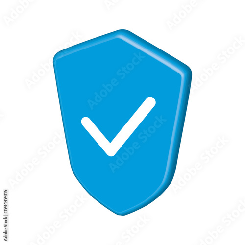 Blue 3D shield with white checkmark vector icon. Modern security protection symbol for cybersecurity, insurance guarantee, verified safety, trust approval, and data privacy. Isolated object.
