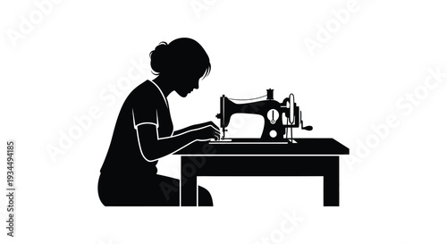 A woman is depicted sewing at a table showcasing a classic craft with a striking black silhouette