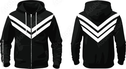 Black zip up hoodie mockup with white chevron stripes including front and back view hooded sweatshirt jacket templates for apparel