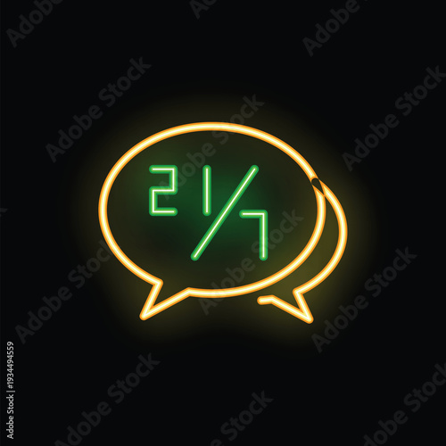 Glowing green neon twenty one percent symbol inside a yellow speech bubble on a dark background