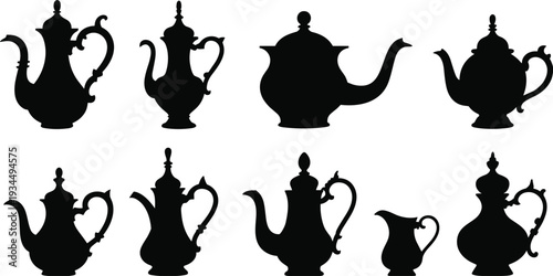 Vintage teapot silhouettes collection, antique coffee and tea pots black isolated set on white background classic kitchenware illustration