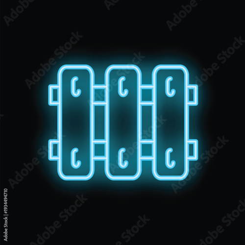 Blue neon sign of a wooden fence glowing on a black wall