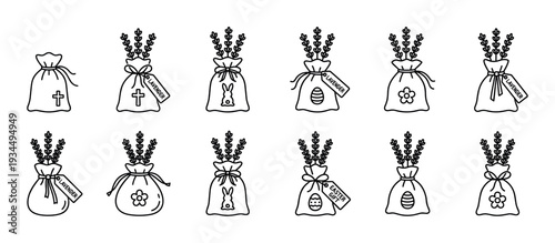 Black and white Easter gift sachet icons featuring lavender sprigs, bunnies, eggs, flowers, and crosses in a clean, minimalist outline illustration set for holiday design