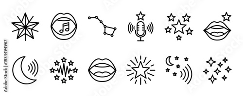 Minimalist set of black line art icons representing celestial and audio themes, featuring a singing mouth, microphone, constellation, stars, moon, and sound waves in a clean style