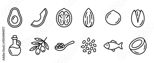 Healthy fats food source icons collection in a simple black and white line art style, including avocado, walnut, almond, olive oil, fish, seeds, and coconut for dietary concepts