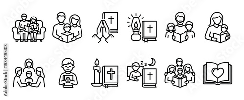 Set of black line icons depicting Christian family life, including parents and children reading the Bible, praying together, and bedtime worship