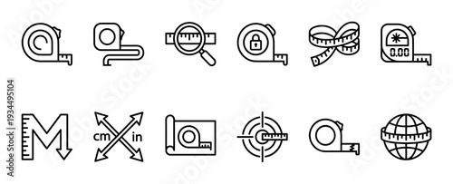Collection of black line icons representing measuring tools and concepts, including tape measures, rulers, dimensions, and precision instruments in a clean, minimalist outline style
