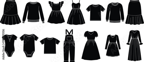 Black clothing silhouettes collection featuring dresses skirts shirts overalls and baby bodysuits isolated vector fashion illustration set