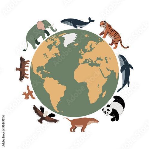 A conceptual vector illustration of a global business map featuring a stylized earth globe and people silhouettes to represent the coming world of travel and environmental design
