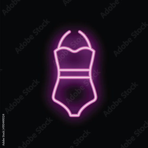 Neon sign in the shape of a one piece swimsuit is glowing on a dark background