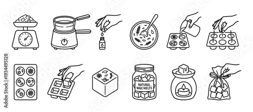Set of black line art icons illustrating the step-by-step process of making handmade scented wax melts, from weighing ingredients to pouring into molds and using in a warmer
