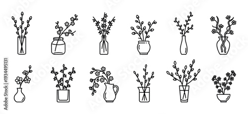 Collection of minimalist outline icons featuring spring pussy willow and blossom branches arranged in different glass vases, jars, and ceramic pots for a fresh floral concept