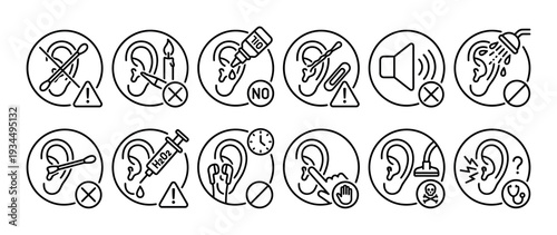 Black line art icons for ear hygiene and otology illustrating warnings, dangers, and medical advice for hearing protection and safety