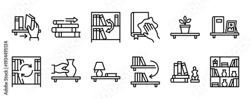 Collection of black line icons showing books, bookshelves, and home organization concepts like tidying, arranging, and decorating with plants and vases in a minimalist vector style