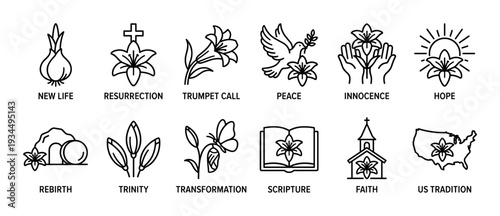 Collection of Christian Easter lily symbols representing faith, hope, and resurrection in a minimalist black line art icon set for spiritual and religious concepts