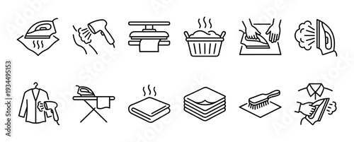 Set of black line art icons for laundry service, ironing, and clothes care, including symbols for steam iron, press, steamer, folded garments, and household chores in a simple vector style
