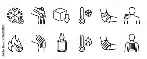 Hot and cold therapy line icon set for pain relief and injury treatment, featuring cryotherapy and thermotherapy symbols like ice packs, heat patches, and thermometers