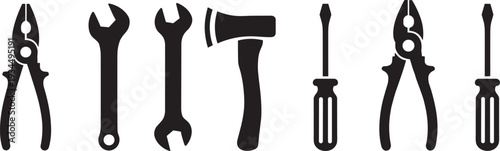 Black hand tools icons set with pliers, wrench, axe, and screwdriver, construction hardware symbols, diy home improvement vector illustration, professional workshop equipment.