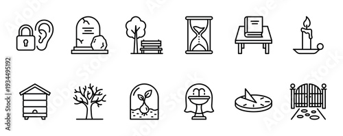 Collection of twelve minimalist black line icons representing symbolic concepts of life, death, time, and nature, including a gravestone, hourglass, seedling, and candle