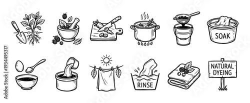 Set of hand-drawn icons illustrating the process of natural fabric dyeing using plants, berries, and vegetables in a charming black and white sketch style for a DIY craft tutorial