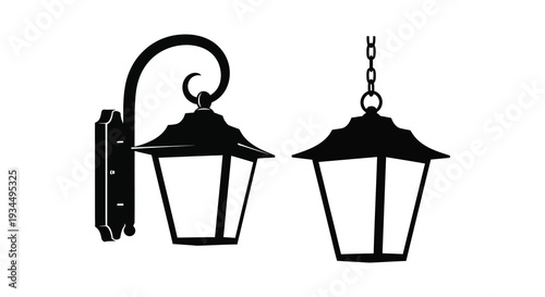 A pair of ornate vintage style outdoor lamps are depicted in a stark black silhouette high quality professional detailed