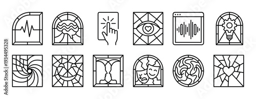 Set of twelve minimalist stained glass style icons representing abstract concepts like emotion, technology, creativity, and psychology in a clean line art design