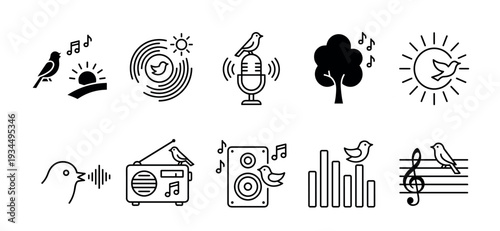Collection of black birdsong icons featuring singing birds with musical notes, a microphone, speaker, radio, and nature elements in a minimalist linear and silhouette graphic style