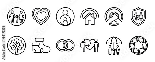 Set of black line art icons representing family, love, protection, and community concepts like relationships, home, unity, and care, designed in a clean minimalist style