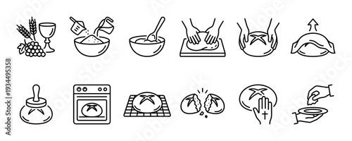 Christian religious icons set showing the preparation of Eucharistic bread for Holy Communion, detailing the process from baking and kneading to blessing, breaking, and sharing the sacred loaf
