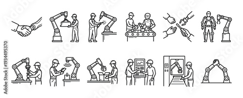 Robotic automation and human collaboration line icons showing factory workers with machinery, conveyor belts, and industrial robots for manufacturing and production processes