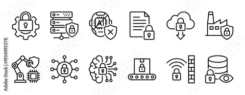 Set of twelve black outline icons illustrating various cybersecurity and technology protection themes, such as network safety, data encryption, AI security, and industrial automation